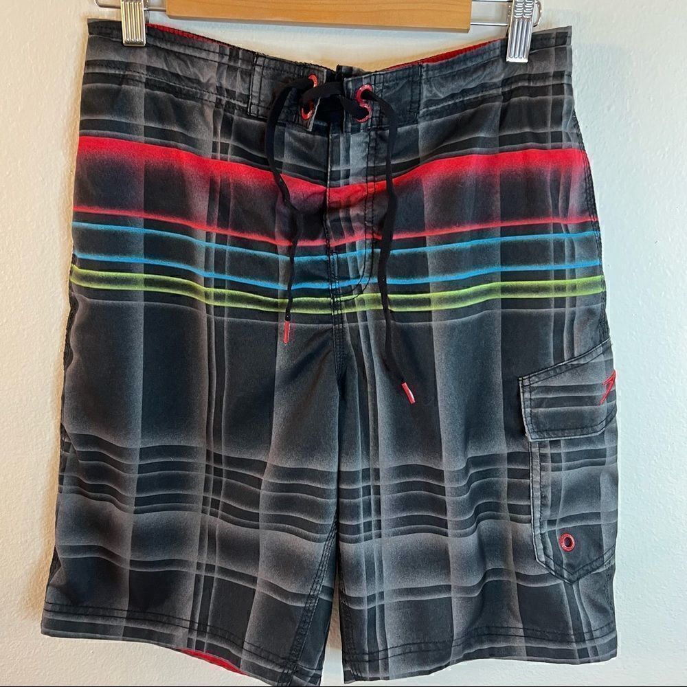 Speedo Men's Small Swim Trunks Board Shorts Mesh Brief Pockets Black Red Plaid